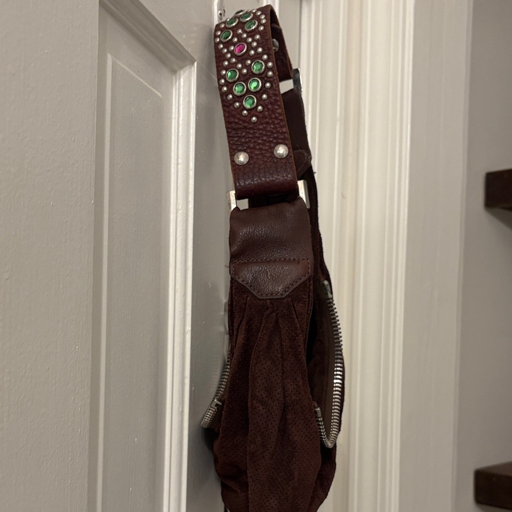 Brown suede shoulder bag with unique design